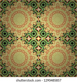 Simple abstract background in green, black and yellow colors. Ornamental texture with linear shapes, zigzag lines, lace pattern. Vector geometric seamless pattern. For decor, fabric, textile, cloth.