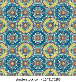 Simple abstract background in green, blue and yellow colors. For decor, fabric, textile, cloth. Ornamental texture with linear shapes, zigzag lines, lace pattern. Vector geometric seamless pattern.