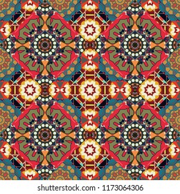 Simple abstract background in green, orange and red colors. Vector geometric seamless pattern. For decor, fabric, textile, cloth. Ornamental texture with linear shapes, zigzag lines, lace pattern.