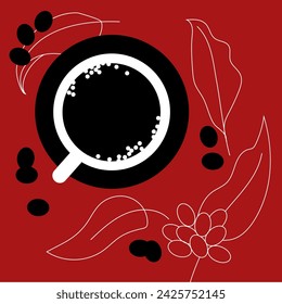 Simple abstract background illustration with a cup of coffee, coffee beans and coffee plant leaves
