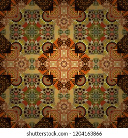Simple abstract background in orange, brown and yellow colors. Vector geometric seamless pattern. Ornamental texture with linear shapes, zigzag lines, lace pattern.