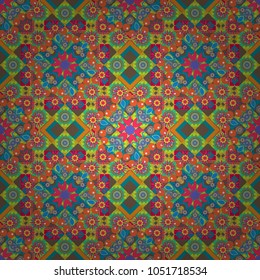 Simple abstract background in orange, green and blue colors. For decor, fabric, textile, cloth. Vector geometric seamless pattern. Ornamental texture with linear shapes, zigzag lines, lace pattern.