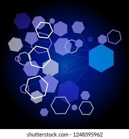 Simple abstract background of shape and stroke of hexagon and pentagon network in blue circle on black. 