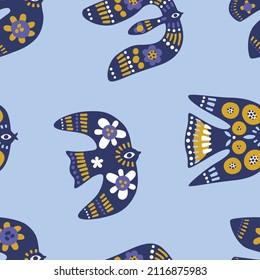 Simple abstract birds seamless pattern. Repearing pattern for fabric, wallpaper, wrapping paper, prints. Trendy playful vector. Very pery color scheme. Retro boho hippie style, decorative print design