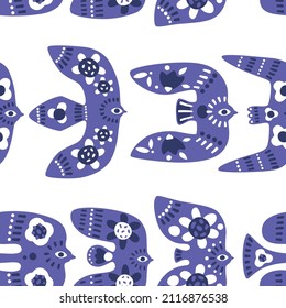Simple abstract birds seamless pattern. Repearing pattern for fabric, wallpaper, wrapping paper, prints. Trendy playful vector. Very pery color scheme. Retro boho hippie, decorative surface design