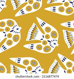 Simple abstract birds seamless pattern. Repearing pattern for fabric, wallpaper, wrapping paper, prints. Trendy playful vector. Yellow color scheme. Retro boho hippie style, decorative print design