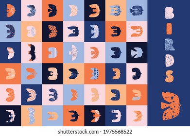 Simple abstract birds set. Bright colors simple shapes in a naive scandinavian hippie boho style. Blue and orange color, big funny cute graphic collection. Decor, print design illustration retro.