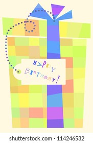 Simple abstract birthday present box formed by colored squares with a placeholder for your text, Vector image.