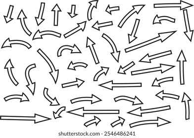  simple abstract black color creative geometric hand drawn big to small many stroke arrow collection a black and white drawing of arrows with arrows pointing to different directions