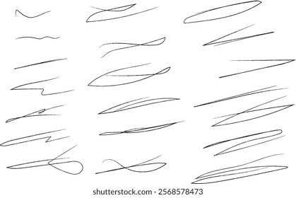 simple abstract black color geometric hand made underline vector design set a drawing of a black line