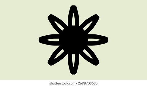 Símbolo preto simples e abstrato que se assemelha a uma estrela ou flor com oito pétalas pontiagudas sobre um fundo de creme claro.