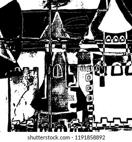 Simple abstract black and white drawing. Expressive drawing. Abstract Overlay Texture. Vector. City illustration. Hand drawn ink line sketch with building, windows. Ink drawing of cityscape.