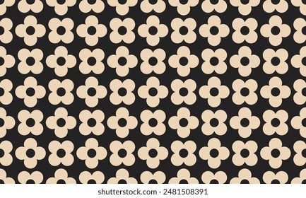 Simple abstract black and white flowers print. Trendy geometric pattern in 70s retro style. Fashionable template for design.