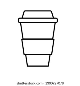 Simple abstract black and white icon of hot tasty coffee in a thermocup, paper cup for carrying with you and copy space on a white background. Vector illustration.