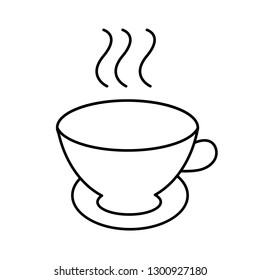 Simple abstract black and white icon of hot delicious tea in a mug with a pen and smoke and copy space on a white background. Vector illustration.