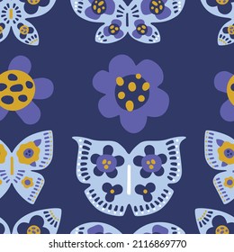 Simple abstract blooms seamless pattern. Repearing pattern for fabric, wallpaper, wrapping paper, prints. Trendy playful vector butterfly. Very pery color scheme. Retro boho hippie style, minimalist.