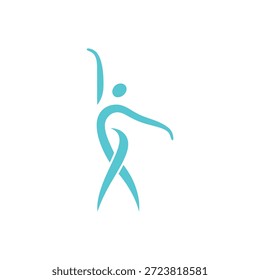 Um design simples e abstrato em azul que representa uma forma humana em um movimento fluido e gracioso.