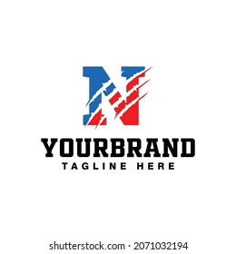 einfaches abstraktes, blau geätztes N-Logo einzeln auf weißem Hintergrund