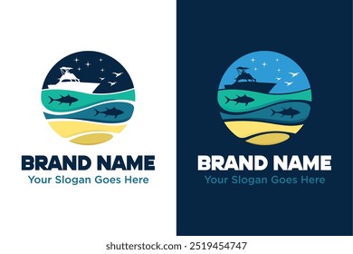 simple abstract boat ship yacht in the ocean sea fish illustration vector logo design