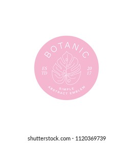 Simple Abstract Botanical Label, Emblem or Logo Template. Line Style Monstera Palm Leaf Silhouette and Modern Typography. Isolated.