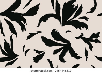 Simple abstract botanical monochrome modern seamless pattern. Hand drawn texture collage in the shape of flowers and leaves. Boho prints. Vector illustration