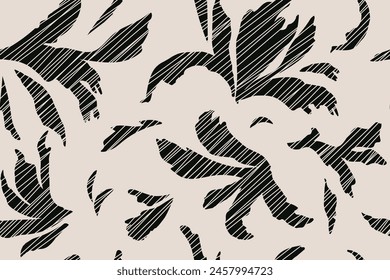 Simple abstract botanical monochrome modern seamless pattern. Hand drawn texture collage in the shape of flowers, leaves, stripes. Boho prints. Vector illustration