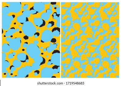 Simple Abstract Brush Spots Seamless Vector Patterns. Blue and Black Irregular Splashes on a Yellow Background. Yellow-Blue Camouflage. Geometric Vivid Color Backdrop. Funny Freehand Repeatable Print.