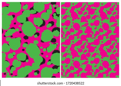 Simple Abstract Brush Stains Seamless Vector Patterns. Pink and Black Irregular Splashes on a Green Background. Green-Pink Camouflage. Geometric Vivid Color Backdrop. Funny Freehand Repeatable Print.