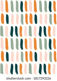 Simple abstract brush stroke blocks vector pattern. Brush strokes forming a geometric repeat. Orange, pink, green colors over white. Great for home decor, fabric, wallpaper, stationery, design project