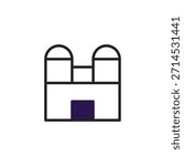 A simple, abstract building symbol displays a symmetrical structure. Featuring twin arched towers atop a rectangular base, this bold line drawing offers a modern minimalist architectural design