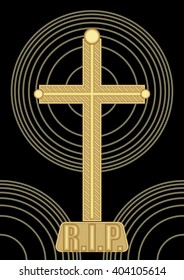 Simple abstract burial decoration with golden crucifix and concentric circle shapes on black background, inscription Requiescat in pace, Rest in pace, a tribute to the deceased R.I.P.