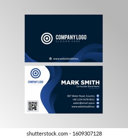 Simple Abstract Business Card Template Design with Blue Wave, Business Card Vector Editable