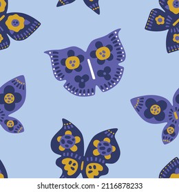 Simple abstract butterflies seamless pattern. Repeating pattern for fabric, wallpaper, wrapping paper, prints. Trendy playful vector. Very pery, yellow color scheme. Boho hippie style, decorative 