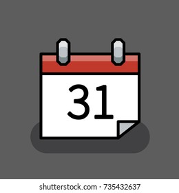 Simple abstract calendar icon design with day 31. Flat red and white line icon on grey background. Vector illustration.