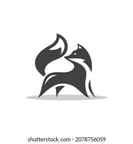 Simple abstract cartoon standing fox or wolf silhouette vector logo icon with black and white color