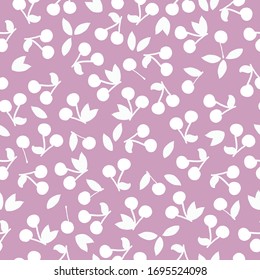 Simple abstract cherry pattern.Pink background, white cherry ornament. The print is well suited for textiles, Wallpaper and packaging.