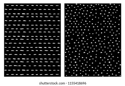 Simple Abstract Childish Style Vector Pattern Set. White Hand Drawn Design. Black Background. Irregular Lines and Triangles.