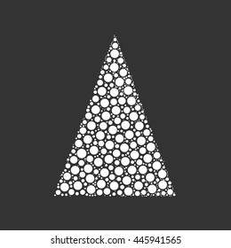 Simple abstract chrismas tree of dots, or circles, in a triangle shape. Looks like pyramyd of snow balls. White illustration on grey background.