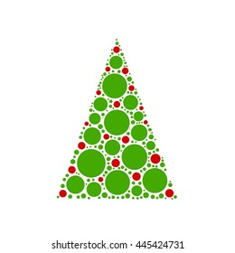 Simple abstract chrismas tree of red and green dots, or circles, in a triangle shape on white background.