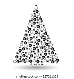 Simple abstract christmas tree of dots, or circles, in a triangle shape. Black illustration on white background.