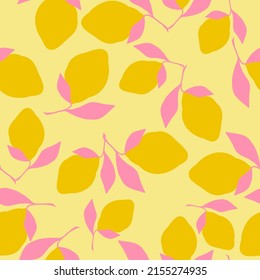 Simple abstract citrus pattern. juicy lemons with pink leaves. Yellow background. Fashionable print for textiles, wallpaper and packaging.