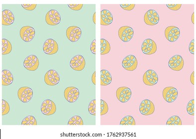 Simple Abstract Citrus Vector Pattern. Happy Yellow Hand Drawn Lemons Isolated on a Pastel Pink and Light Mint Green Backgrounds. Funny Infantile Style Fruits Vector Print.