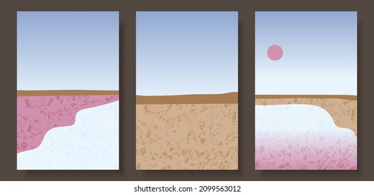 Simple abstract color vector illustration. Set of posters, flyers, templates. Nature, salty pink lake, desert landscape. Blue sky, calm waters. Dry earth.