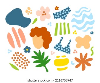 Simple abstract color vector set of sea travel elements. Summer vacation, swimsuit, waves, leaves, flowers.