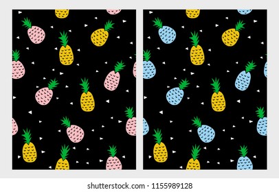 Simple Abstract Colorful Pineapples Vector Patterns. Pineapples Isolated on a Black Background. Infantile Style  Yellow, Pink and Blue Ananas Vector Pattern. Aloha Party Vector Repeatable Design.