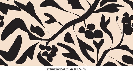 Simple abstract contemporary repeat pattern with hand-drawn floral and leaf shapes. Bright boho repeatable print. Vector illustration