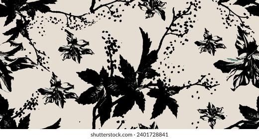 Simple abstract contemporary seamless pattern. Hand-drawn flower and leaf shape textures. Repeatable vibrant boho prints. Vector illustration