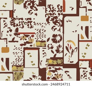 Simple abstract contemporary seamless pattern. Hand-drawn flower and leaf shape textures. Repeatable vibrant boho prints. Vector illustration