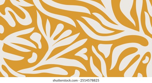 Simple abstract contemporary seamless pattern. Hand-drawn flower and leaf shape textures. Repeatable vibrant boho prints.