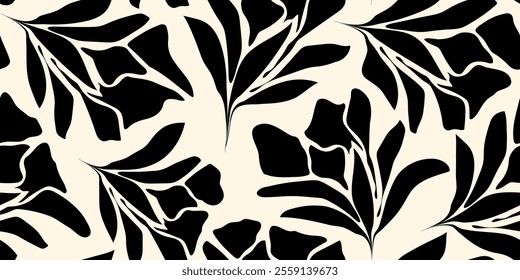 Simple abstract contemporary seamless pattern. Hand-drawn flower and leaf shape textures. Repeatable vibrant boho prints. Vector illustration